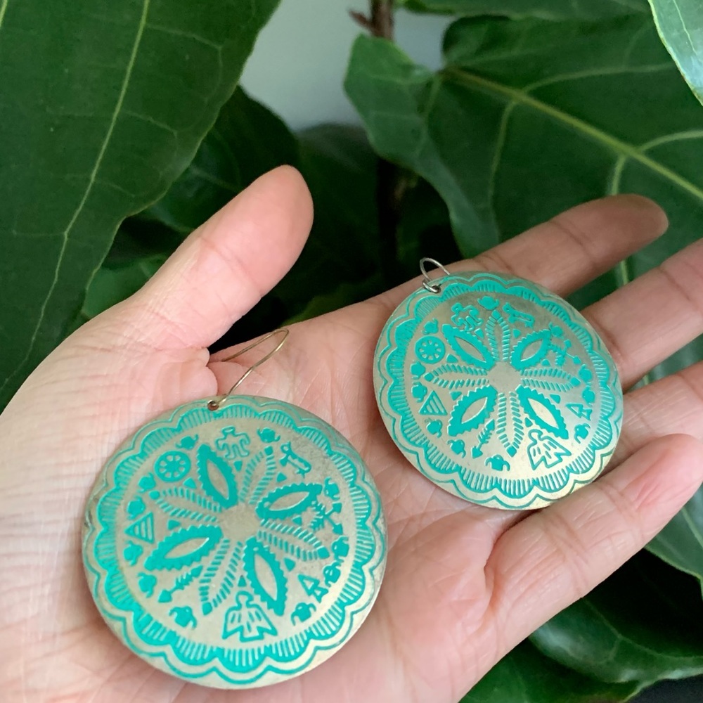 Boho teal and silver medallion earrings